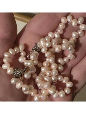 Vtg Genuine Pink Pearl Multi-Strand Bracelet with Sterling Silver Aspects